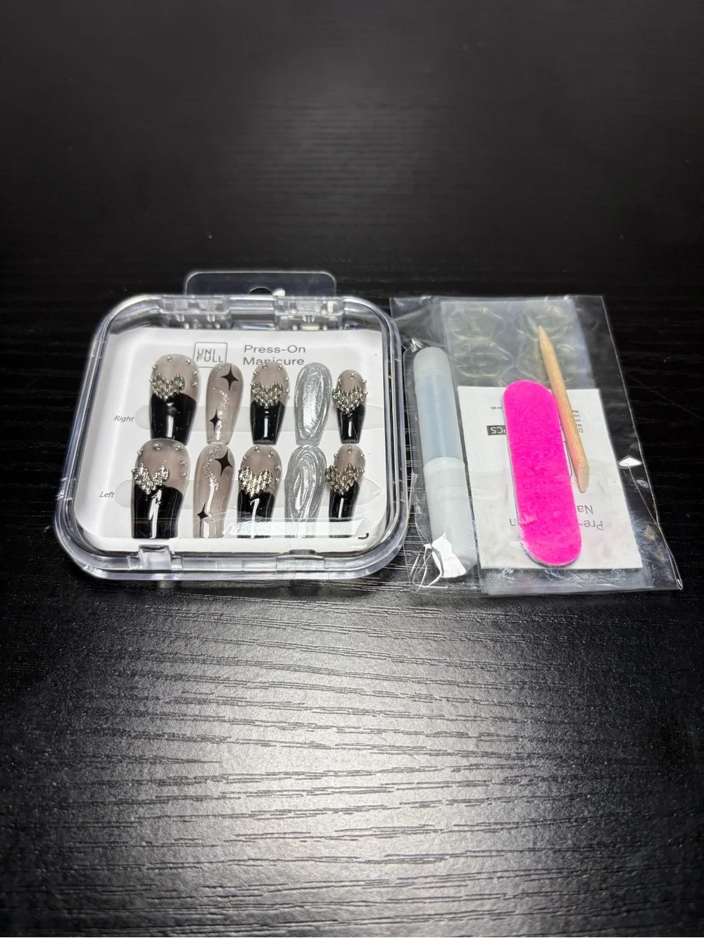 Press-On Manicure Nail Kit with Black and Silver Decorative Nails